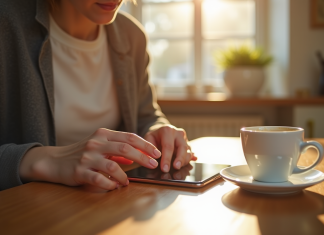 Main activant un smartphone neuf sur une table en bois