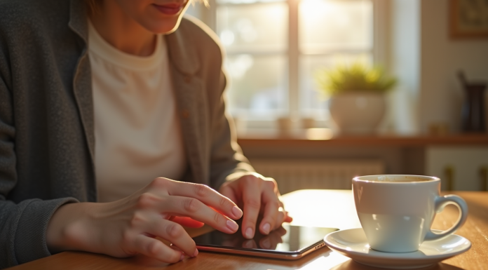 Main activant un smartphone neuf sur une table en bois