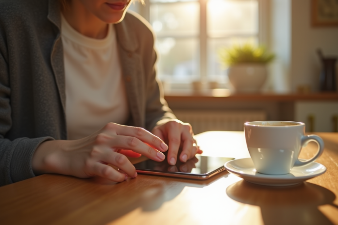 Main activant un smartphone neuf sur une table en bois