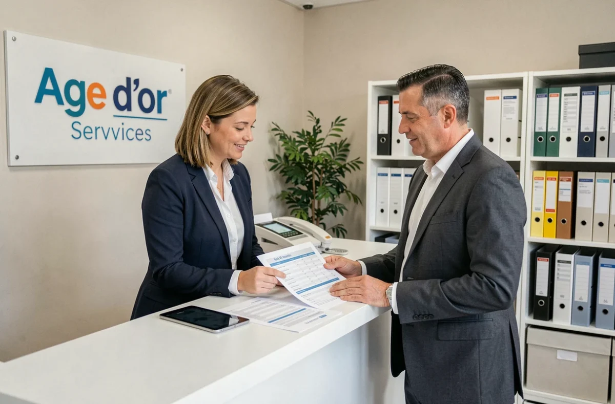 Coordinateurs d'une agence Age d'Or Services discutant des nouveaux tarifs 2026 en agence