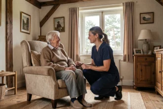 Aide à domicile dans les Landes : une soignante accompagne une personne âgée chez elle dans un cadre rural chaleureux