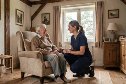 Aide à domicile dans les Landes : une soignante accompagne une personne âgée chez elle dans un cadre rural chaleureux
