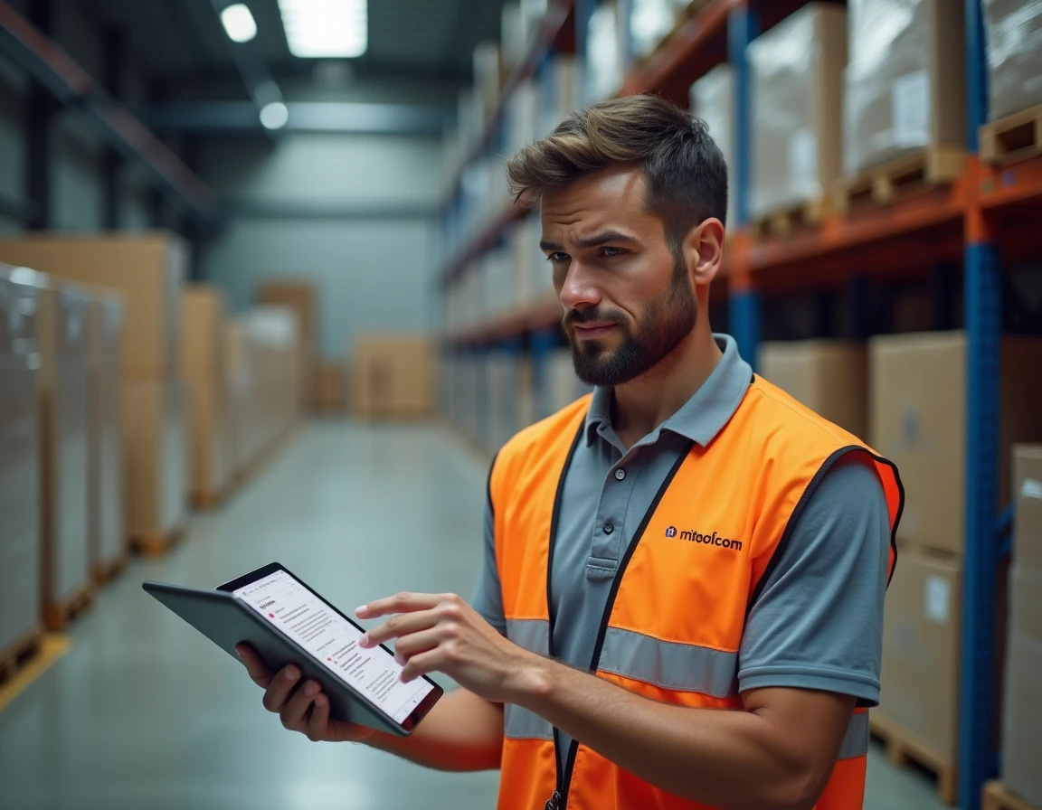 Coordinateur logistique en entrepôt consultant le support en ligne LogisFil sur une tablette