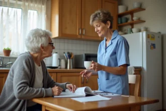 Aide à domicile expliquant les limites de son rôle à une personne âgée dans une cuisine