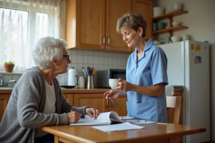 Aide à domicile expliquant les limites de son rôle à une personne âgée dans une cuisine