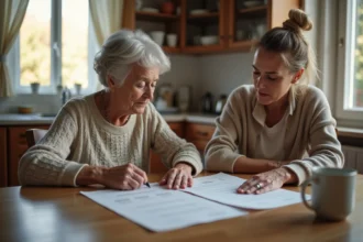 Femme âgée et femme adulte discutent de documents d'aide à la maison