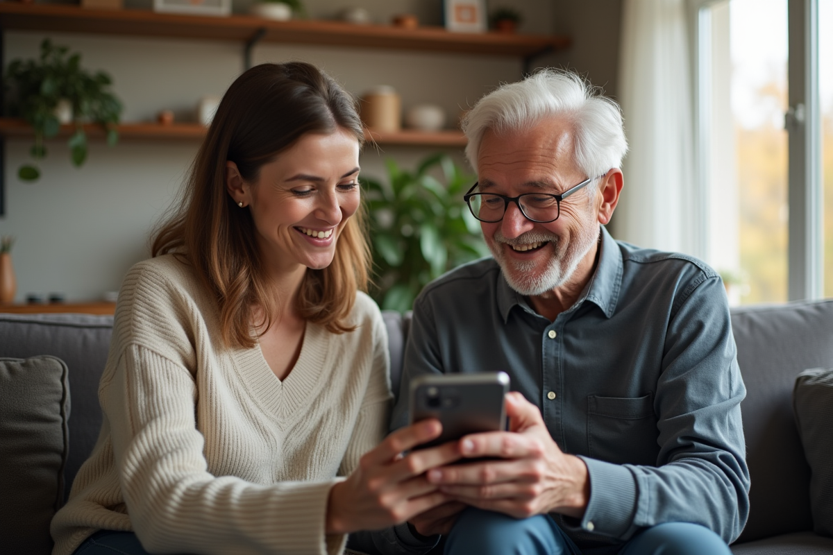 Personne agee souriante aidée pour configurer son mobile