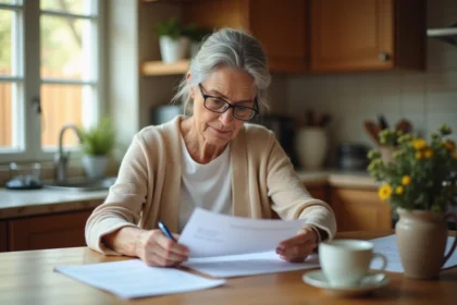 Aide-soignante retraitée examinant ses documents de pension à domicile