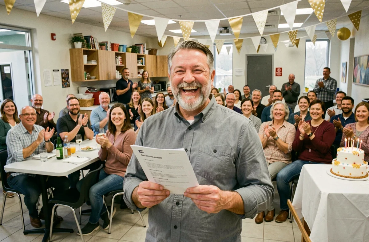 Animateur souriant tenant ses fiches de discours devant des collègues lors d'un pot de départ en retraite