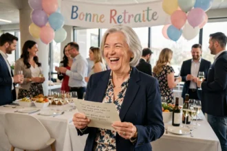 Animatrice tenant un discours humoristique lors d'un pot de départ à la retraite dans un bureau festif