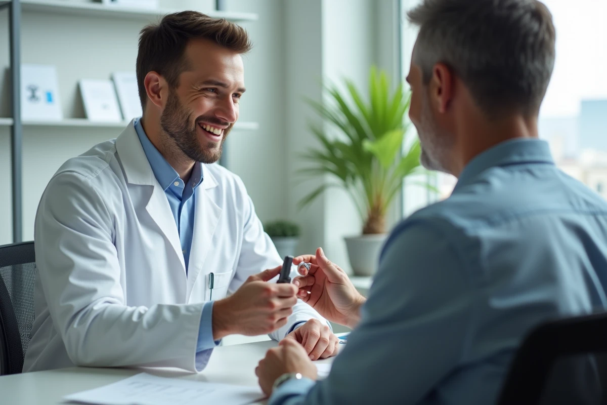Audiologiste montrant un appareil auditif à un patient en consultation
