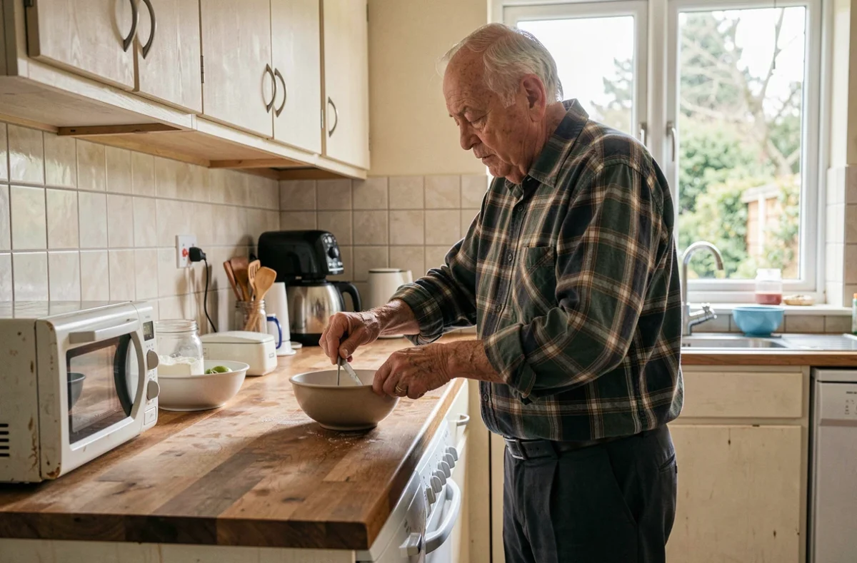 Homme âgé autonome réalisant une tâche quotidienne en cuisine, illustrant les critères d'évaluation fonctionnelle de l'échelle IADL