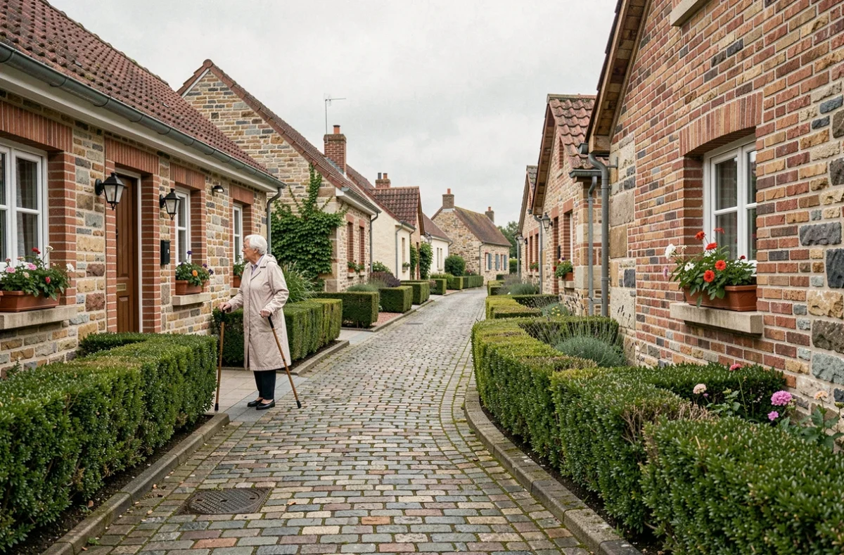 Allée de cottages du béguinage de Troissereux avec une résidente à l'entrée de son logement
