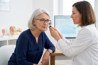 Femme de 65 ans lors d'un bilan auditif chez un audiologiste en clinique moderne