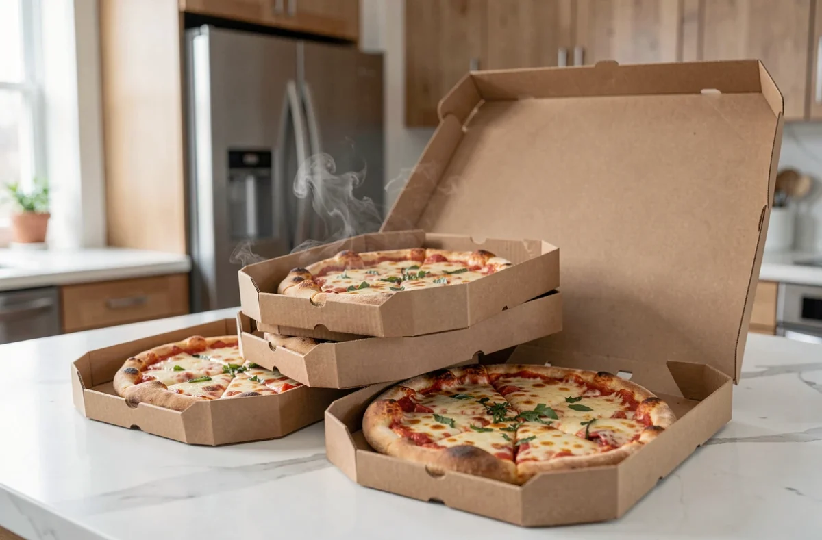 Trois boîtes de pizza ouvertes de tailles Junior, Senior et Maxi posées sur un comptoir de cuisine moderne révélant les pizzas à l'intérieur