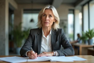 Cadre senior féminine en reconversion professionnelle travaillant dans un espace de co-working moderne