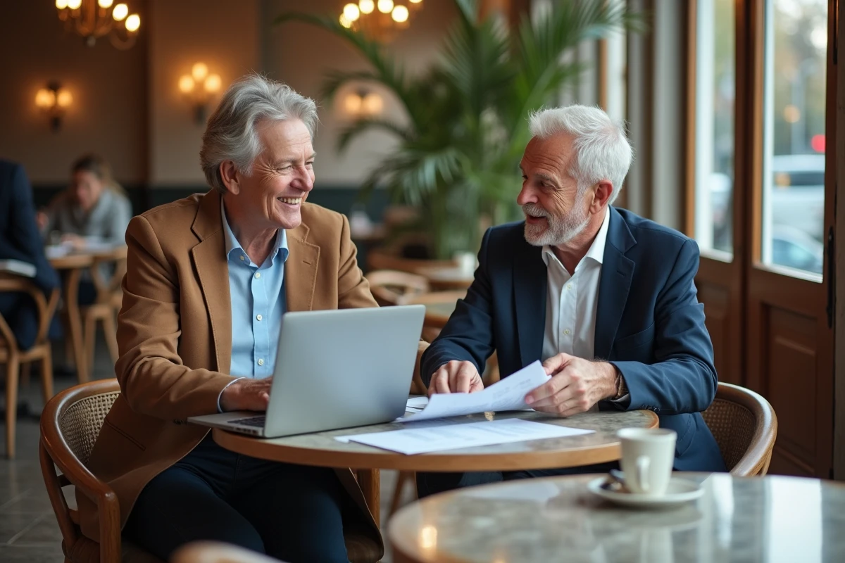 Deux cadres seniors en discussion de reconversion professionnelle autour d'un café à Paris