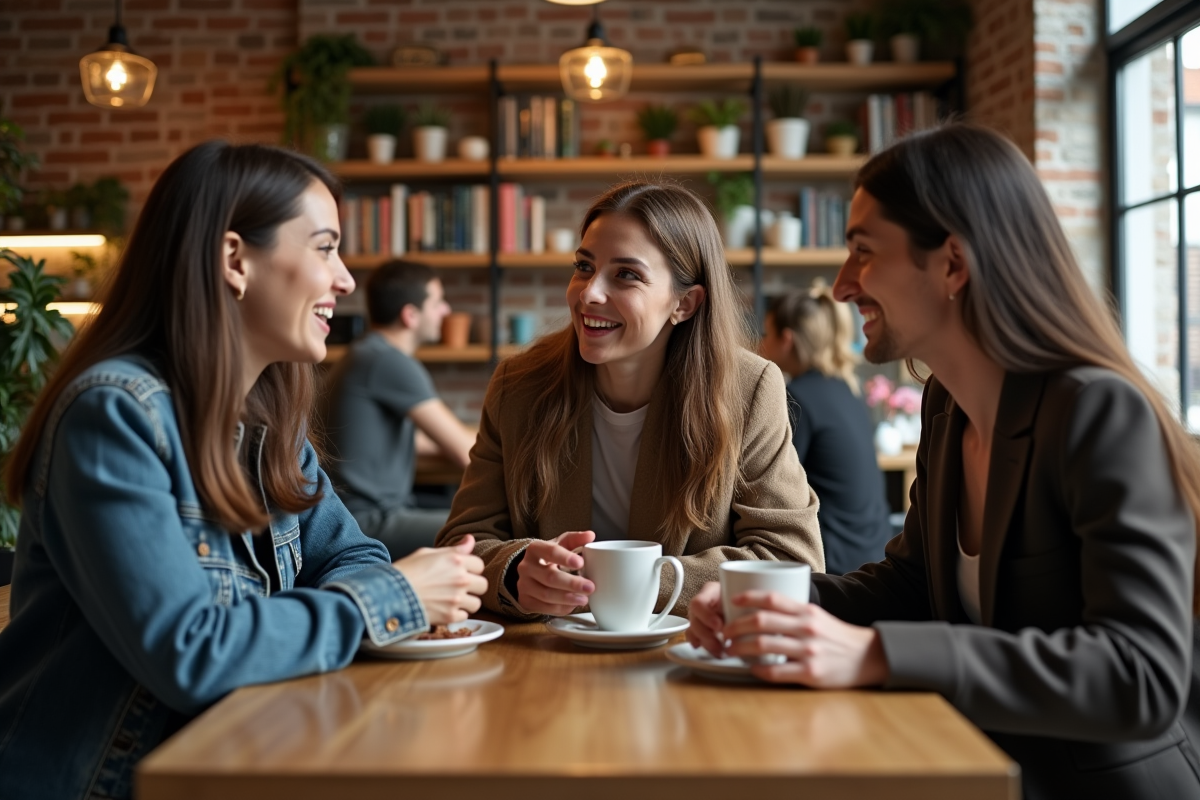 Trois amis discutant autour d un café dans un cafe chaleureux