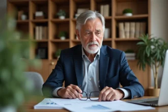 Investisseur immobilier senior analysant la rentabilité nette d'un achat de chambre en EHPAD sur des documents financiers imprimés