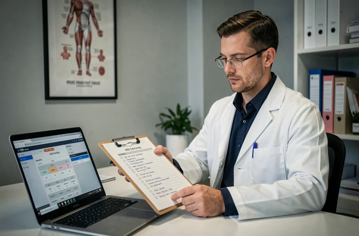 Professionnel de santé masculin calculant un score IADL sur un formulaire d'évaluation dans un bureau médical moderne