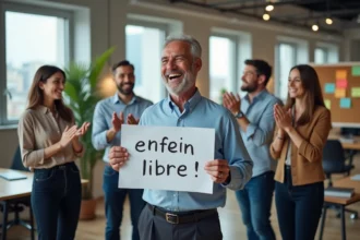 Collègues de bureau célébrant le départ à la retraite d'un homme souriant tenant une pancarte humoristique 'Enfin libre!'