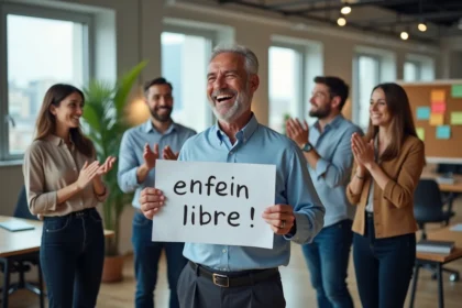 Collègues de bureau célébrant le départ à la retraite d'un homme souriant tenant une pancarte humoristique 'Enfin libre!'