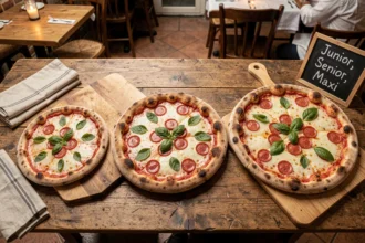 Comparaison visuelle de trois tailles de pizza Junior, Senior et Maxi côte à côte sur une table en bois rustique