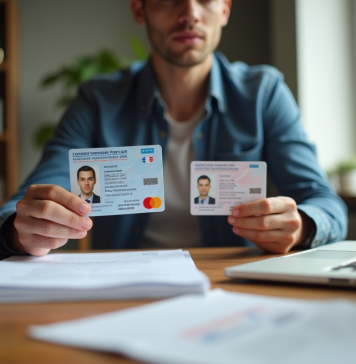 Personne comparant deux cartes d'identite françaises anciennes et modernes