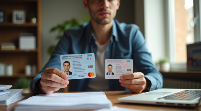 Personne comparant deux cartes d'identite françaises anciennes et modernes