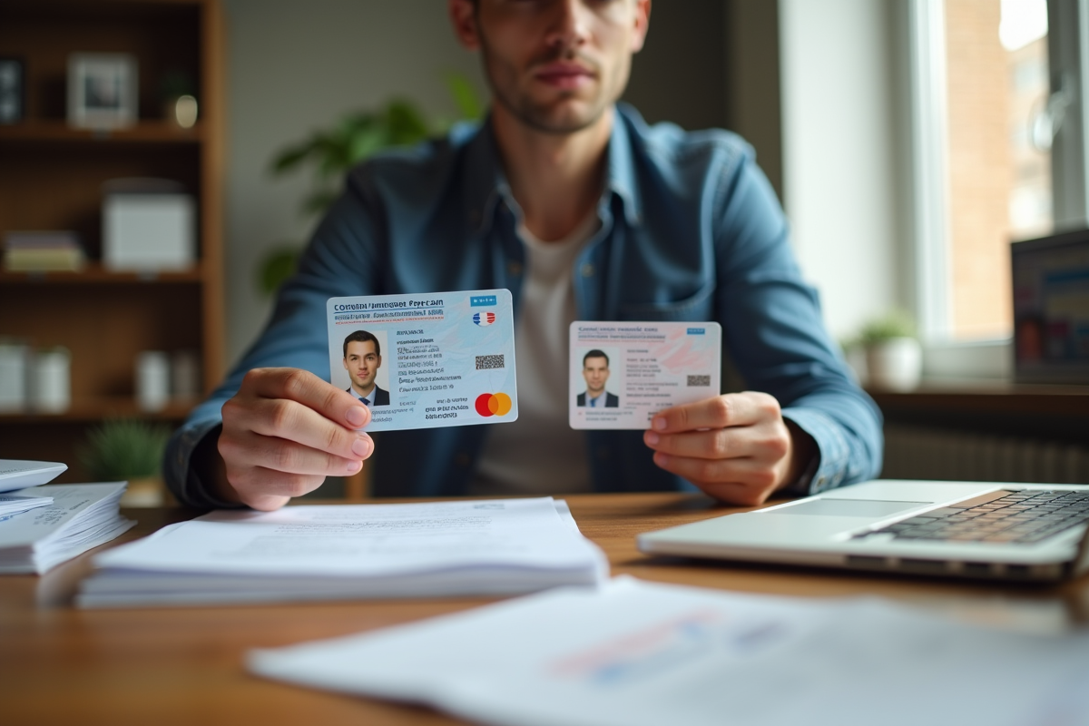 Personne comparant deux cartes d'identite françaises anciennes et modernes