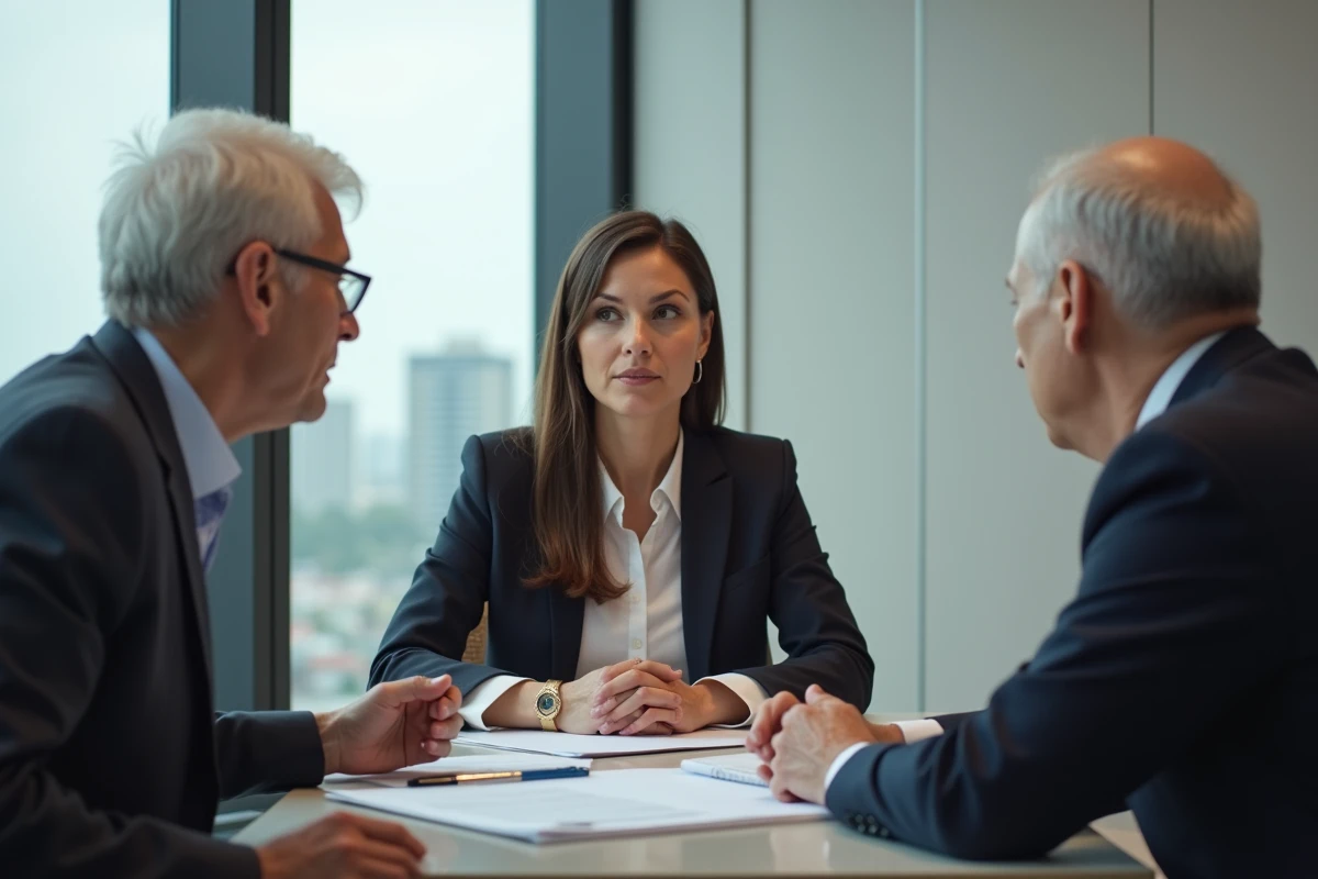 Conseillère financière discutant avec un couple dans un bureau moderne