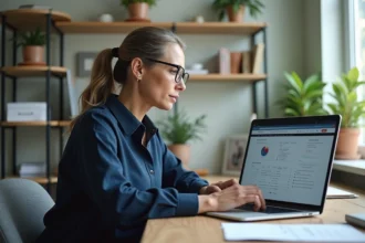 Coordinatrice de services à la personne utilisant le logiciel Logifil sur un ordinateur portable dans un bureau administratif moderne