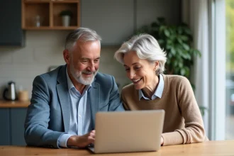 Couple d'adultes en réunion à la maison avec ordinateur