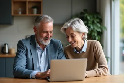 Couple d'adultes en réunion à la maison avec ordinateur