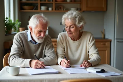 Couple retraité français consulte ses factures à la maison