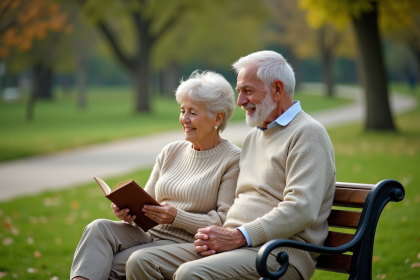 Couple retraité dans un parc verdoyant en été