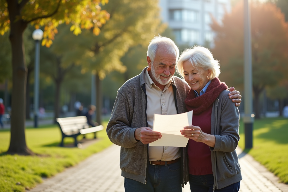 Couple retraité souriant dans un parc urbain en regardant une lettre