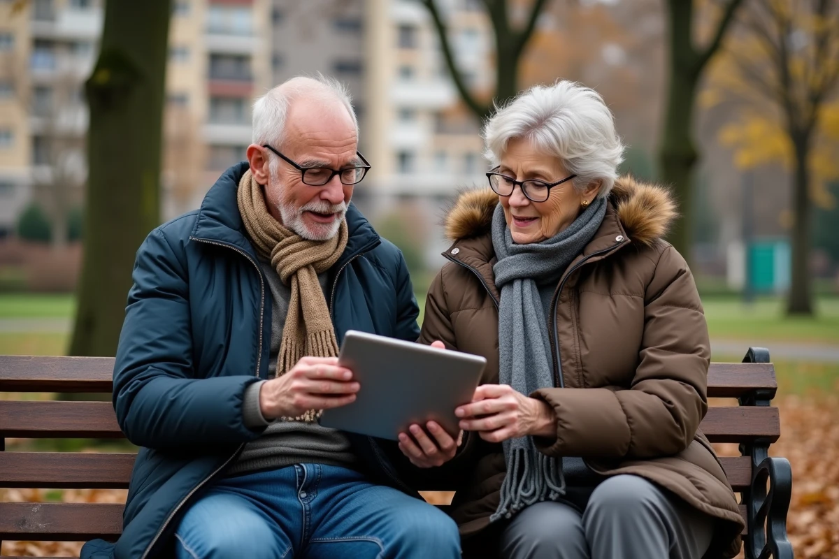 Couple retraité consultant un conseiller financier dans un parc
