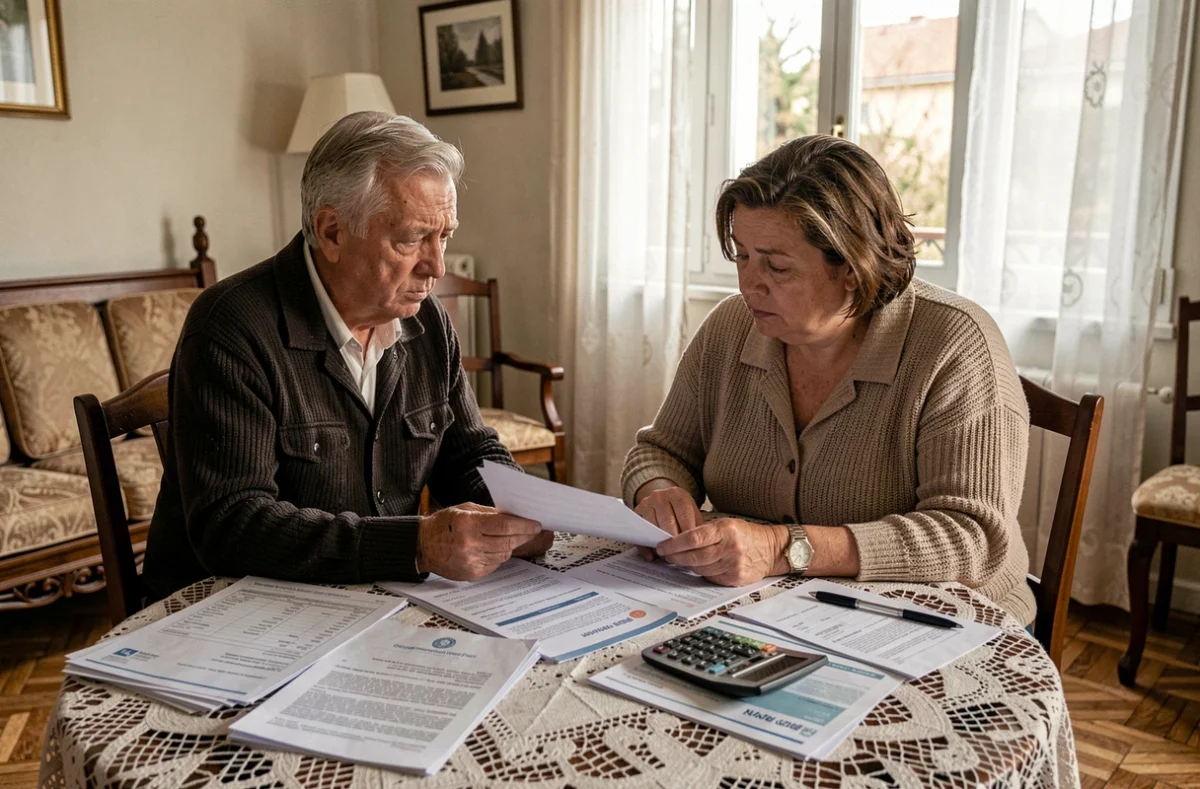 Couple de retraités inquiets examinant ensemble des documents officiels et des lettres de retraite après une baisse inattendue de leur pension