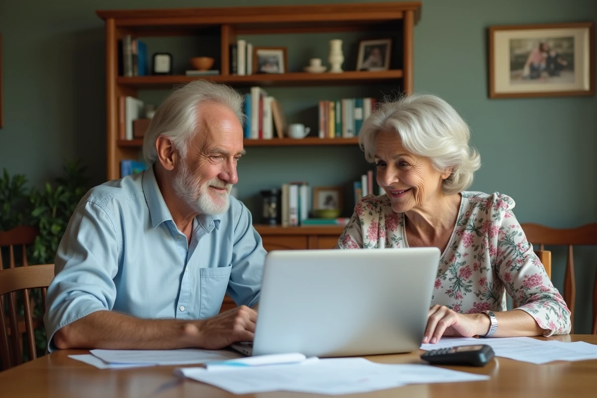 Couple de retraités analysant l'impact fiscal de la revalorisation des retraites complémentaires sur un ordinateur