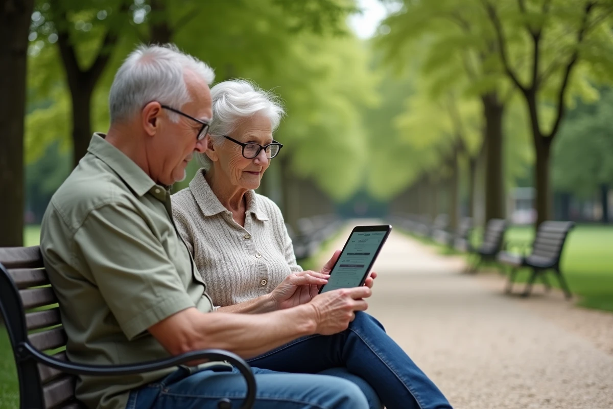 Couple de retraités SNCF consultant les services en ligne dans un parc