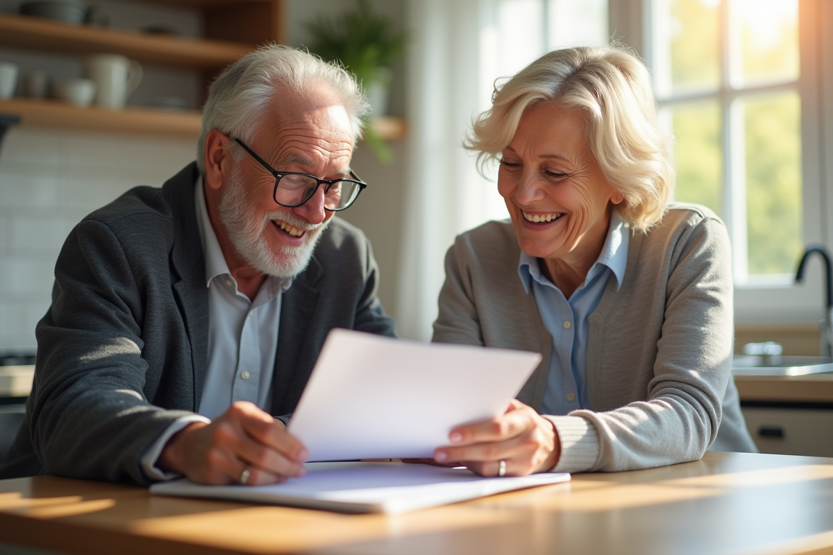 Couple retraité souriant examinant documents de sante