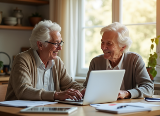 Couple senior souriant à la cuisine lumineuse avec documents