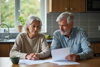Couple de seniors dans une cuisine lumineuse en train de revoir des papiers