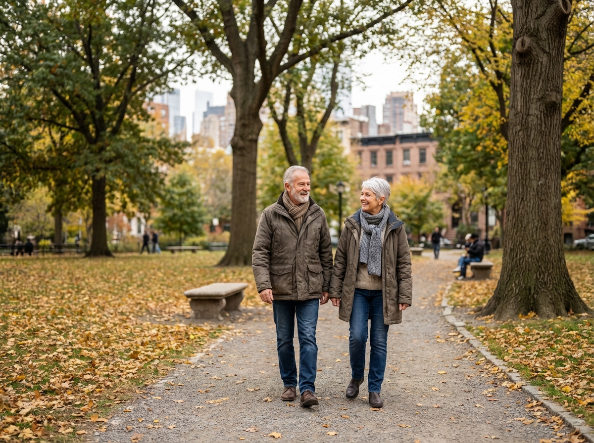 Couple senior marchant dans un parc urbain ensoleille