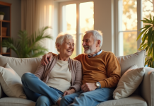 Couple senior souriant dans un salon moderne et chaleureux