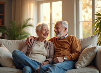 Couple senior souriant dans un salon moderne et chaleureux