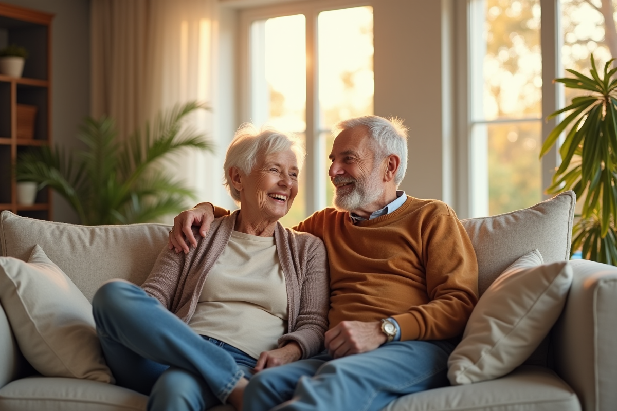 Couple senior souriant dans un salon moderne et chaleureux