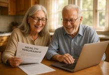 Couple senior souriant examinant documents d'assurance santé