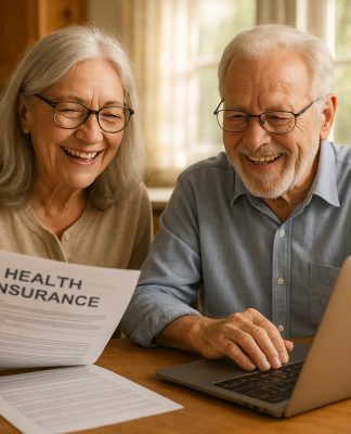 Couple senior souriant examinant documents d'assurance santé